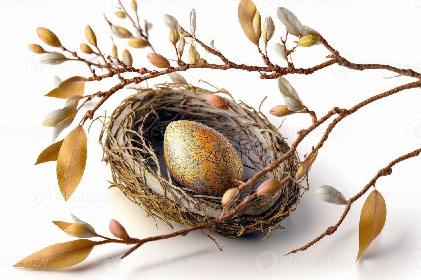 uno uovo nel un' nido e un' ramoscello con un' fiore su un' bianca sfondo, generativo ai. foto