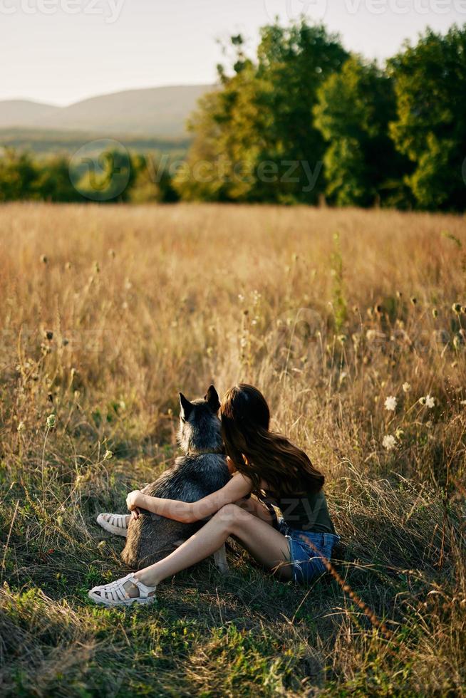 donna seduta nel campo con bassotto cane sorridente mentre la spesa tempo nel natura con amico cane nel autunno a tramonto mentre in viaggio foto