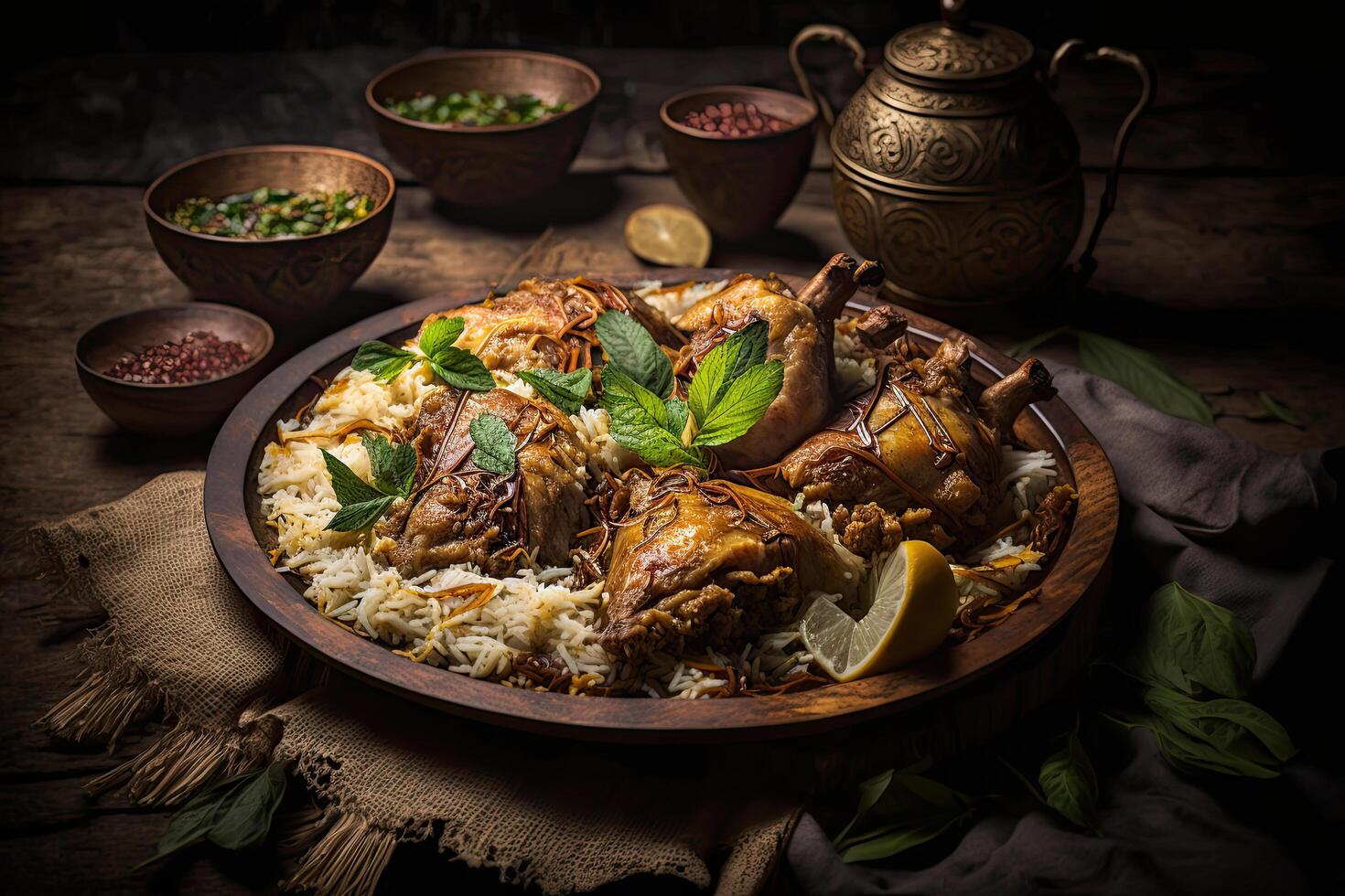 occidentale Arabo cibo yemenita cibo. pollo con Riso. illustrazione ai generativo foto