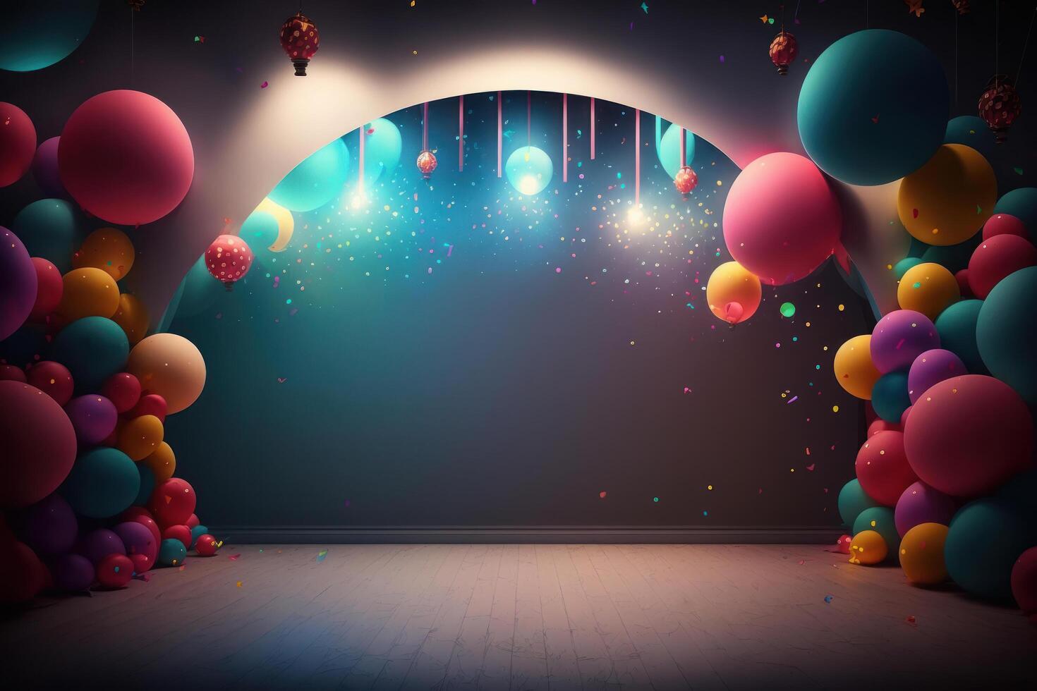 festivo festa con palloncini, palcoscenico e ghirlande. illustrazione ai generativo foto