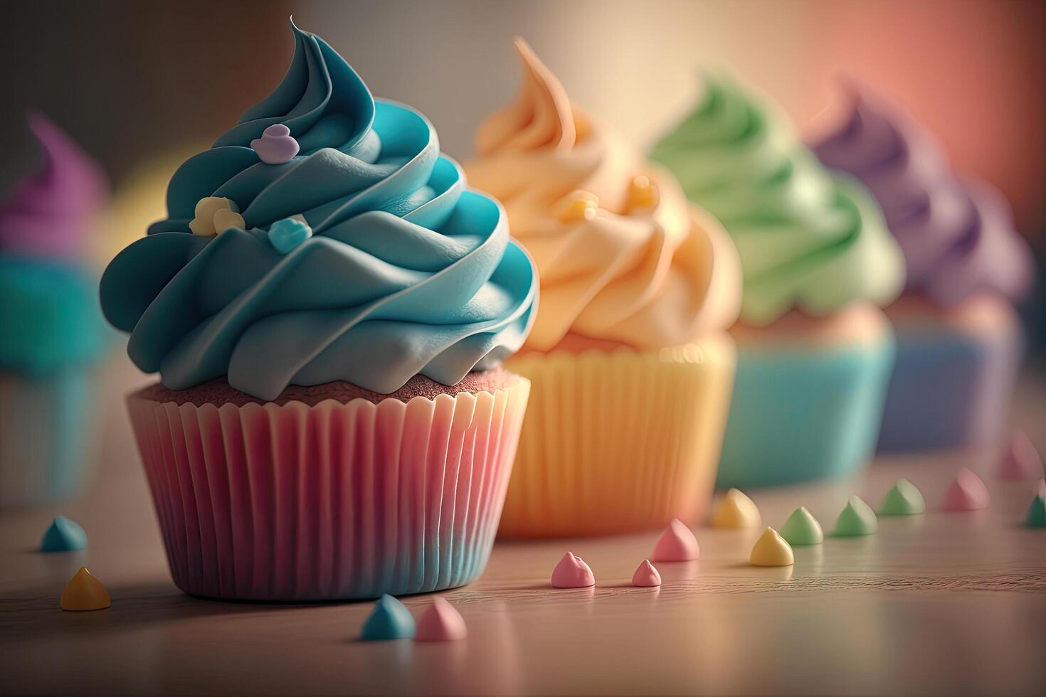 arcobaleno colorato cupcakes. illustrazione ai generativo foto