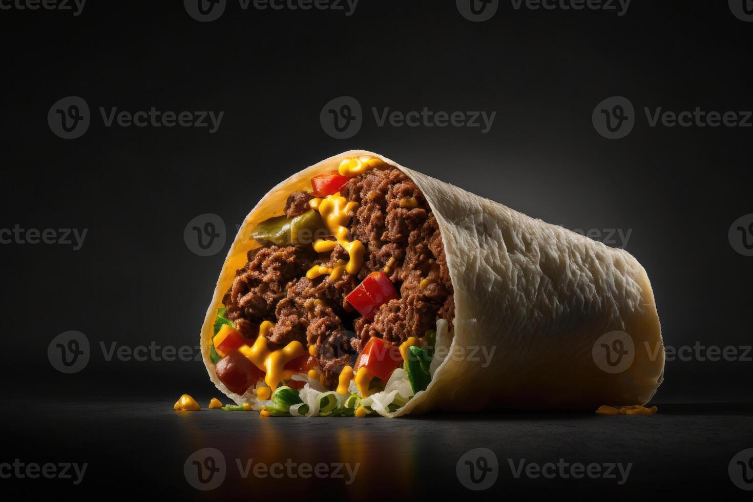 burritos è avvolto nel Manzo e verdure contro un' nero. illustrazione ai generativo foto