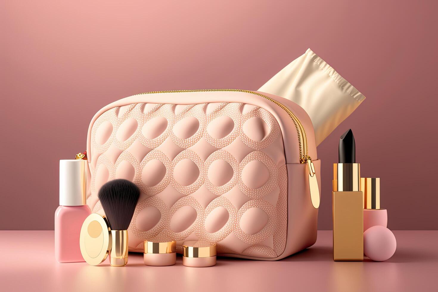 rosa trucco Borsa con cosmetico prodotti. illustrazione ai generativo foto