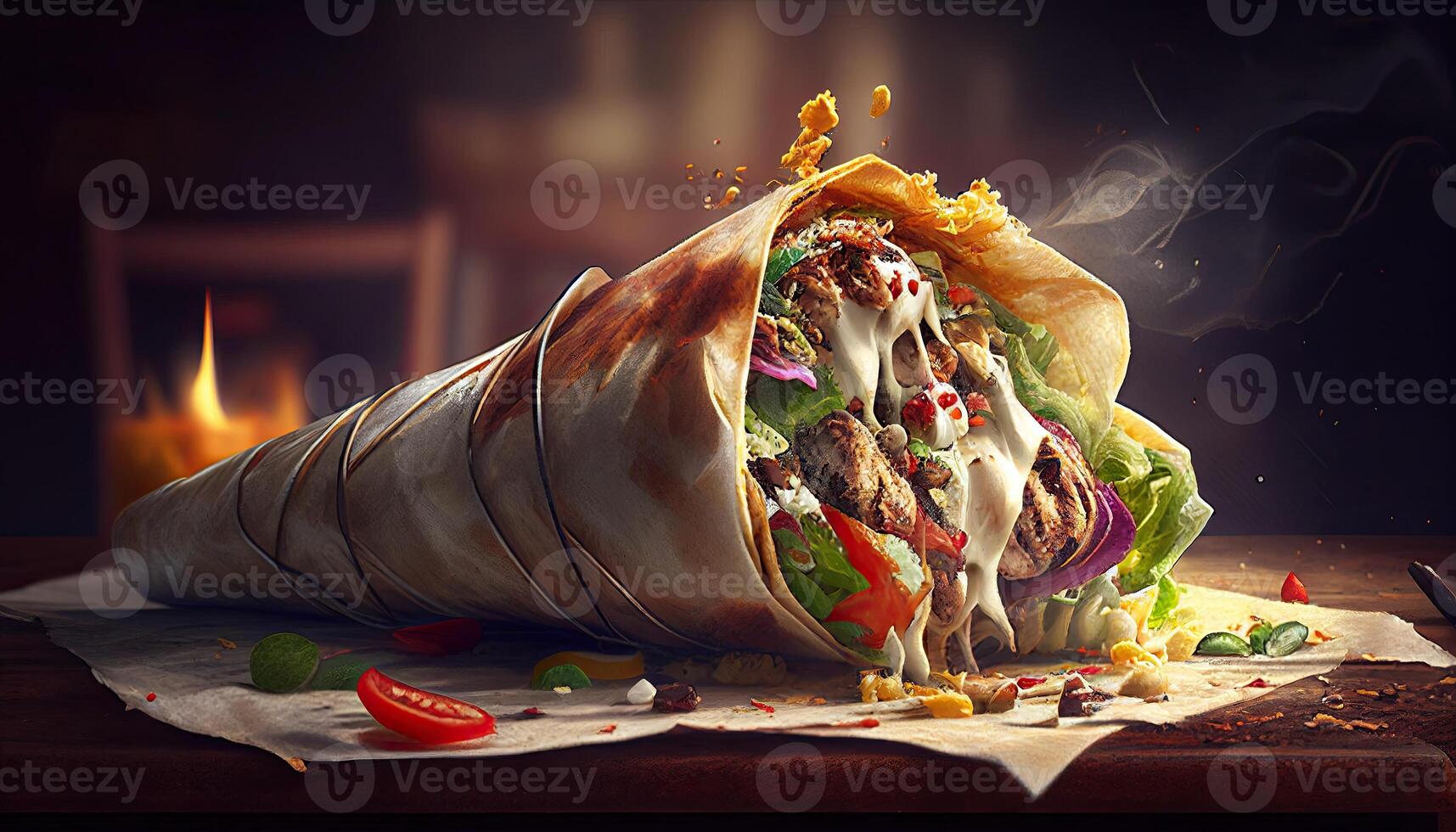 gustoso doner kebab shawarma rotolo avvolgere illustrazione. generativo ai cibo foto