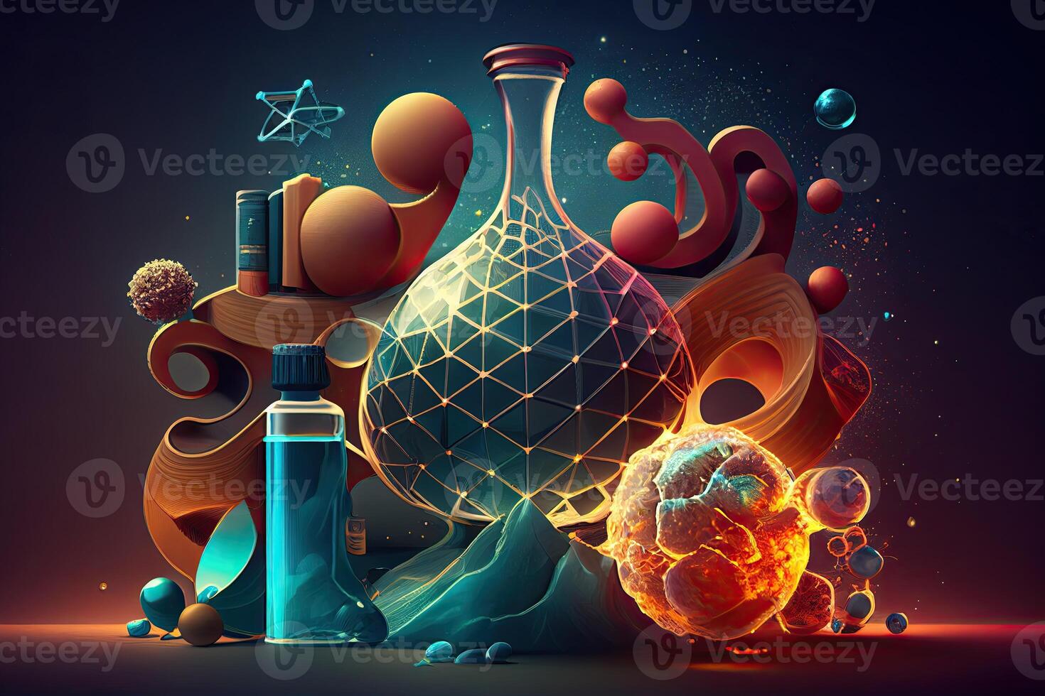 scienza sfondo illustrazione, scientifico design. boccette, bicchiere e chimica, fisica elementi. generativo ai foto