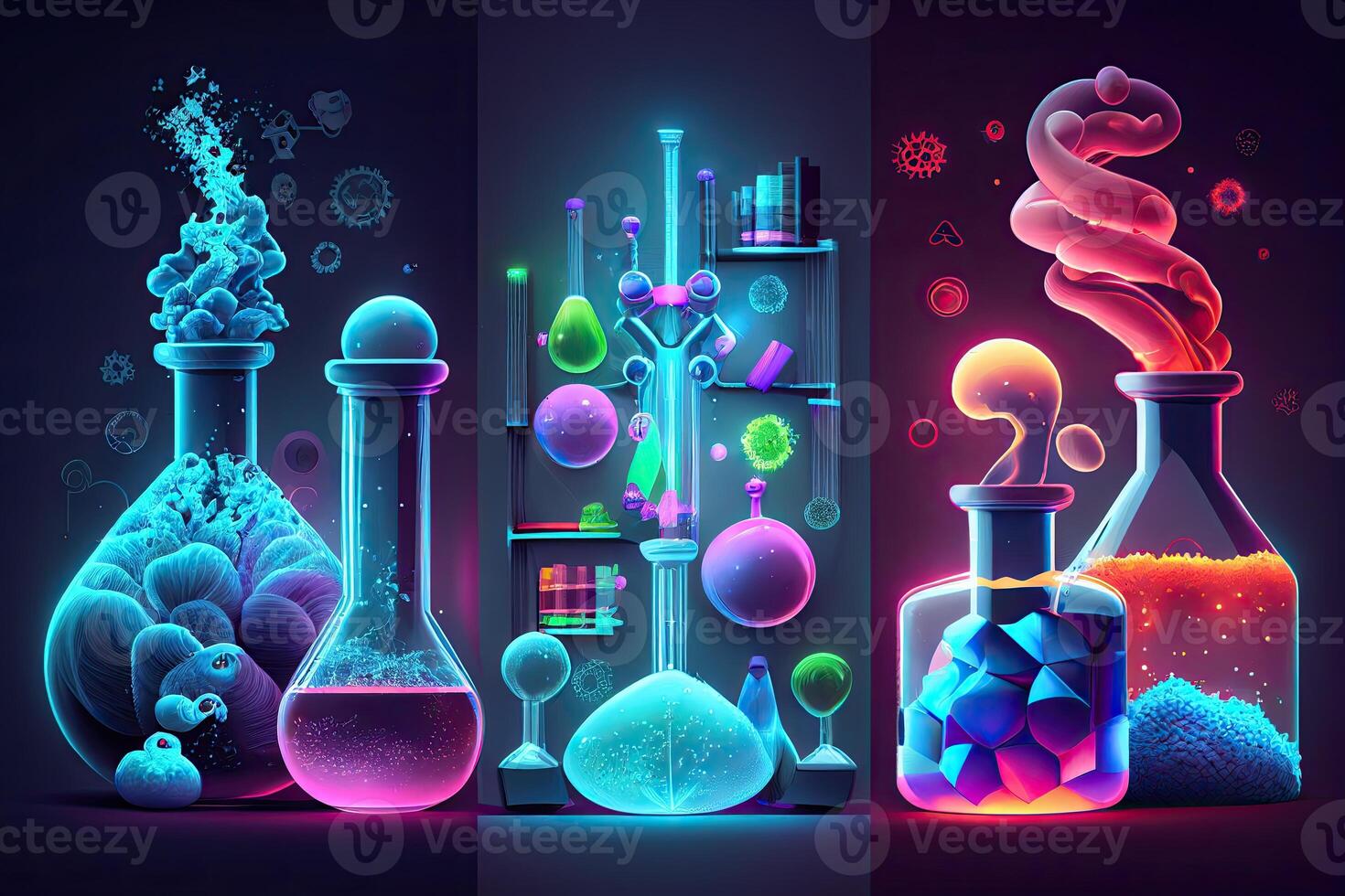 scienza sfondo illustrazione, scientifico design. boccette, bicchiere e chimica, fisica elementi. generativo ai foto