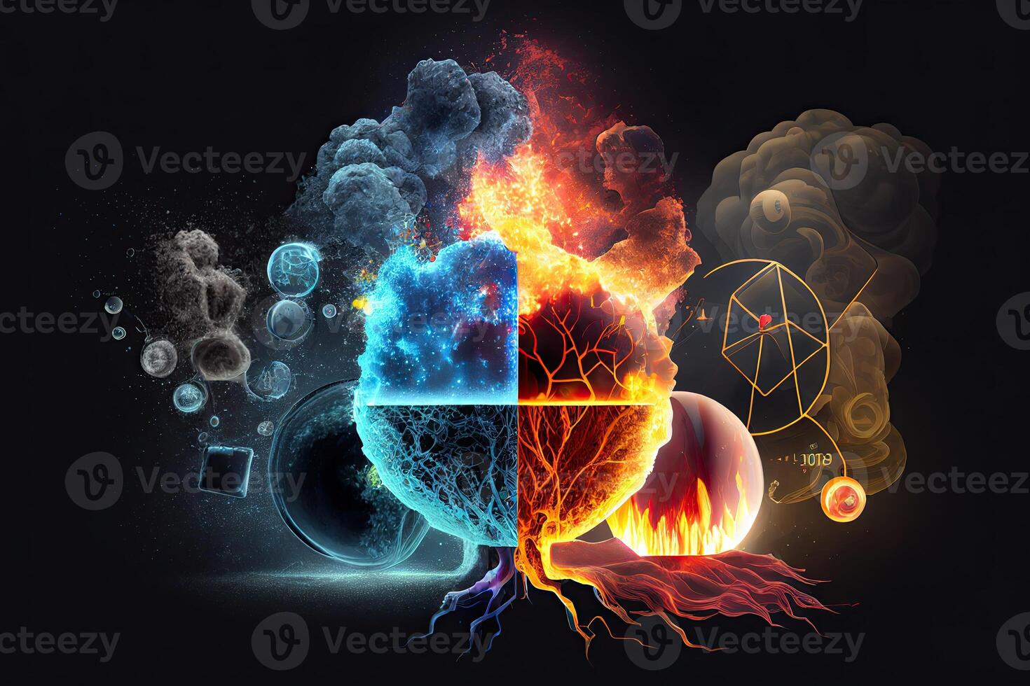 scienza sfondo illustrazione, scientifico design. boccette, bicchiere e chimica, fisica elementi. generativo ai foto