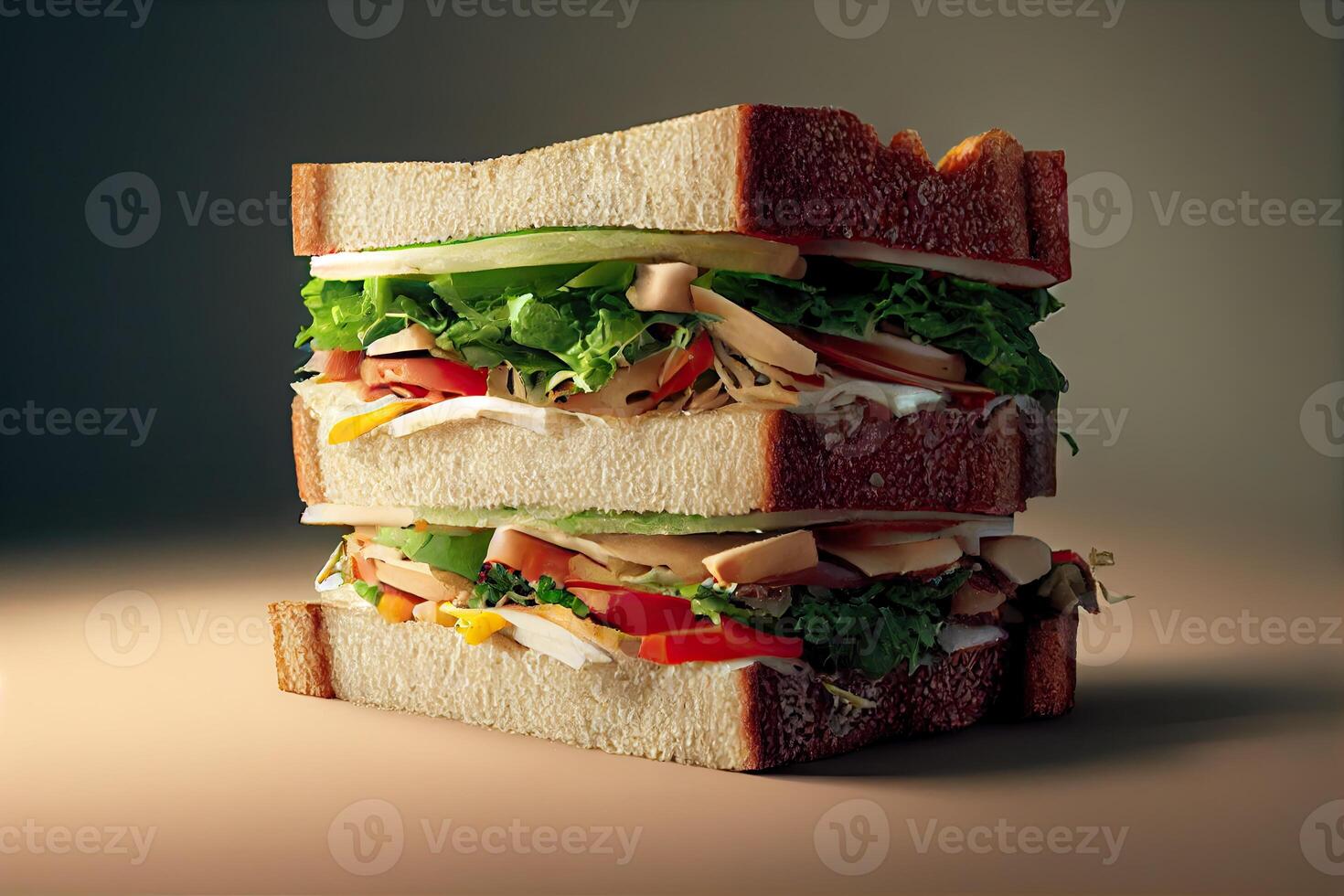 Sandwich su tavolo, gustoso cibo illustrazione. generativo ai foto