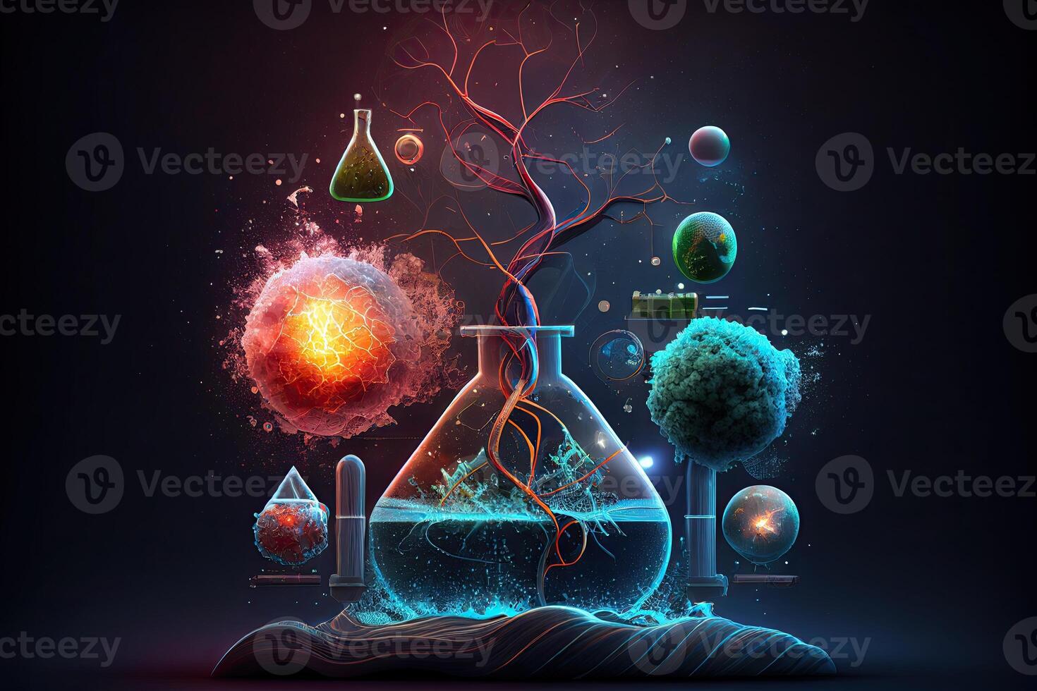 scienza sfondo illustrazione, scientifico design. boccette, bicchiere e chimica, fisica elementi. generativo ai foto