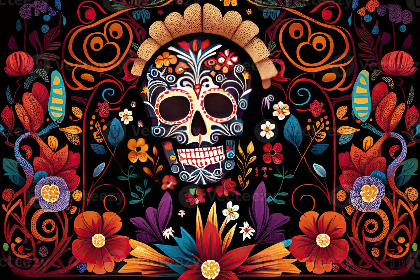 dia de los muertos sfondo giorno di il morto arte decorazione, ossatura cranio fiore ornamento vacanza sfondo, generativo ai foto