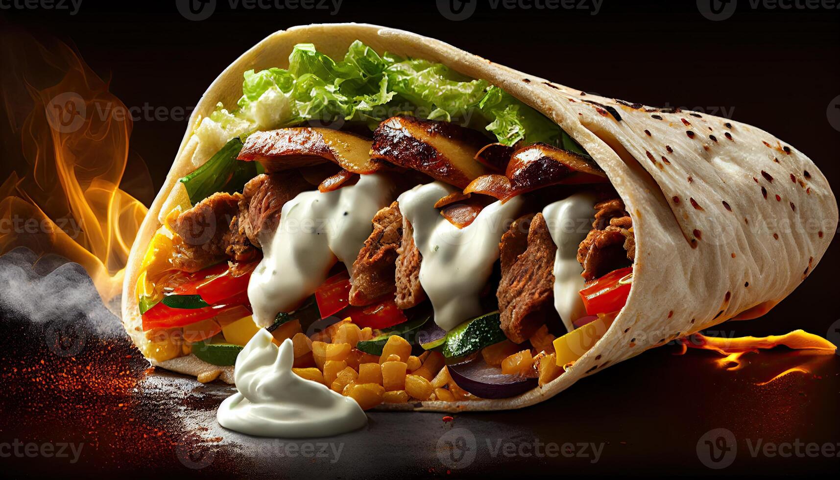 gustoso doner kebab shawarma rotolo avvolgere illustrazione. generativo ai cibo foto