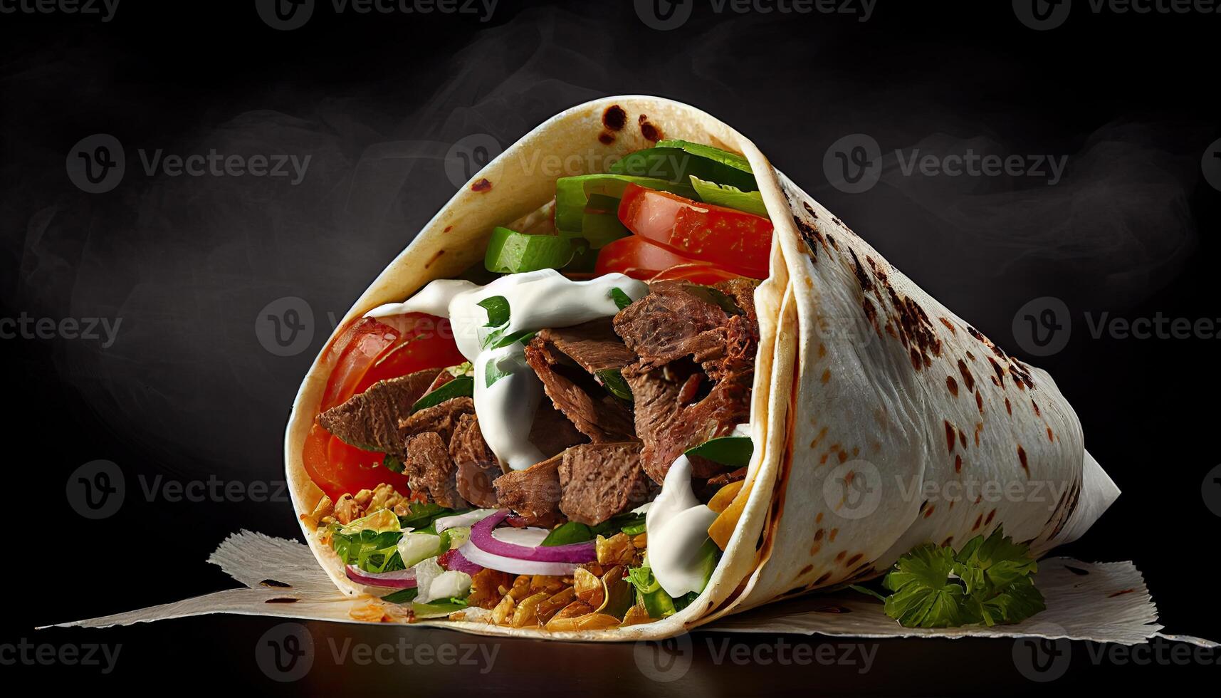 gustoso doner kebab shawarma rotolo avvolgere illustrazione. generativo ai cibo foto