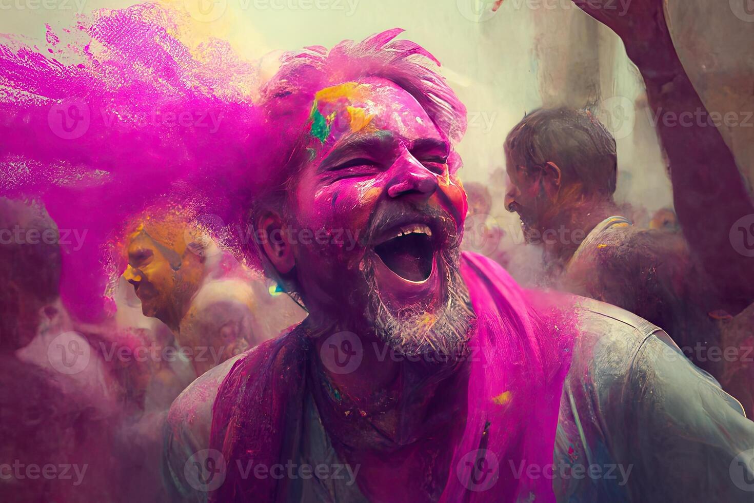 holi vacanza celebrazione sfondo con persona ritratto nel viola rosa dipingere su viso, generativo ai foto