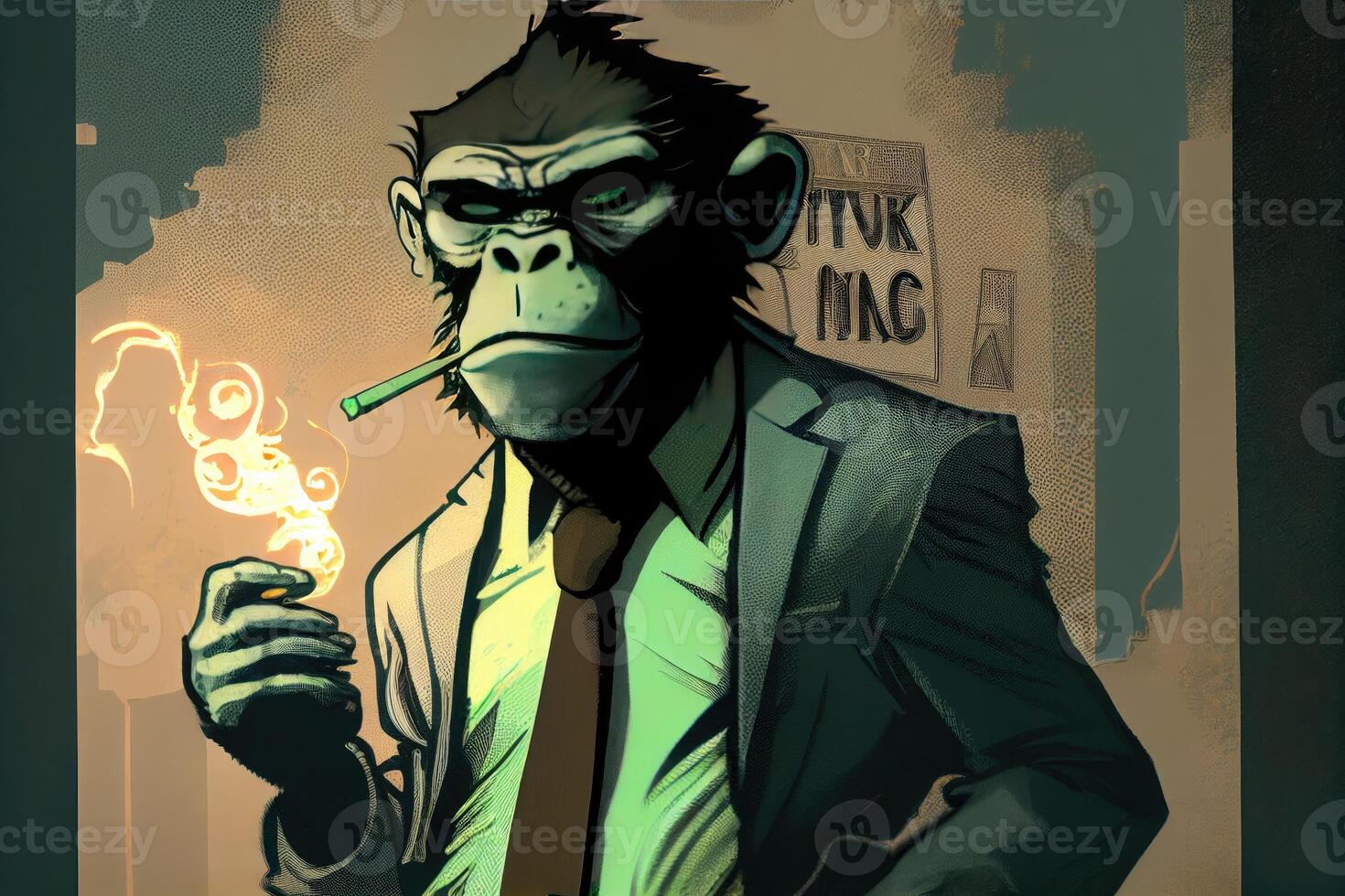 freddo scimmia personaggio disegno, grave scimmia uomo d'affari generativo ai foto