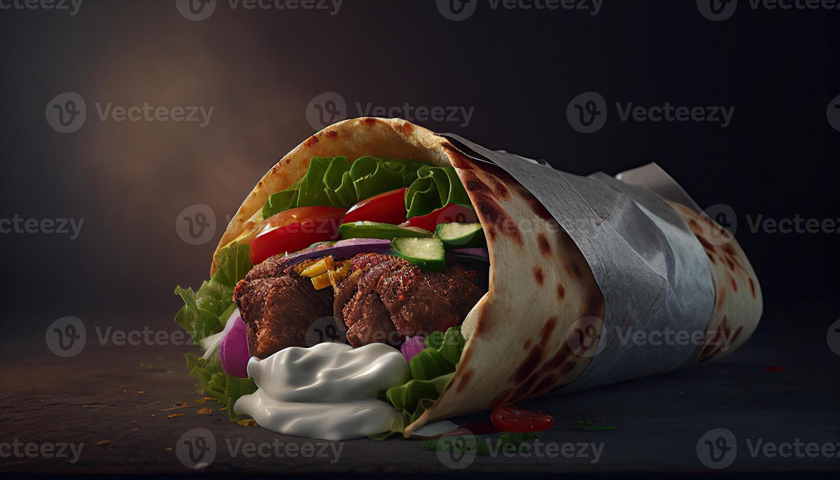 gustoso doner kebab shawarma rotolo avvolgere illustrazione. generativo ai cibo foto