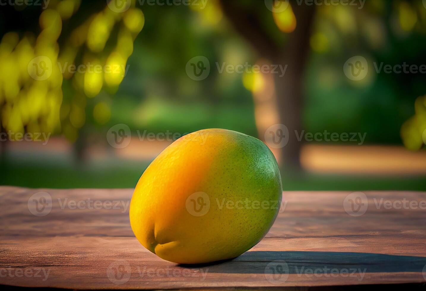 maturo Mango su un' di legno tavolo contro il fondale di un' verde giardino. ai generato foto