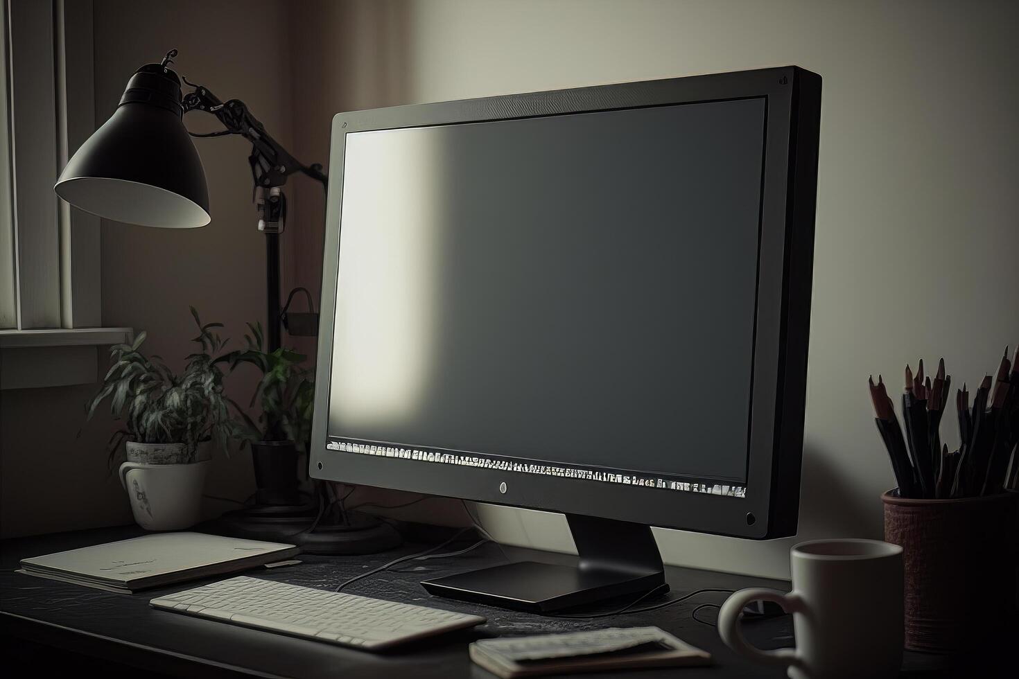 un' del desktop computer con un' vuoto schermo nel un' minimo. illustrazione ai generativo foto