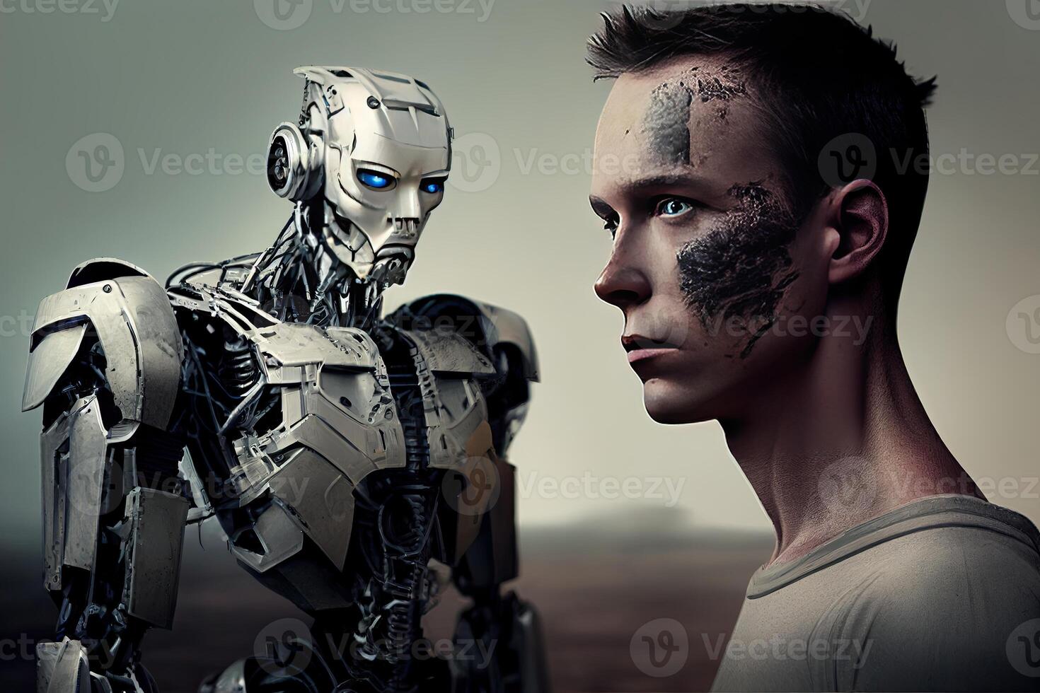 persona e robot ritratto, uomo e androide, illustrazione di tecnologia e futuro, generativo ai foto
