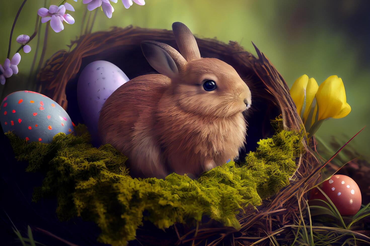 contento Pasqua saluto sfondo con colorato uova e coniglietto. generativo ai foto