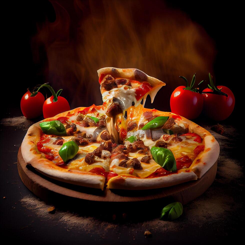 Pizza su nero tavola con fuoco. illustrazione generativo ai foto