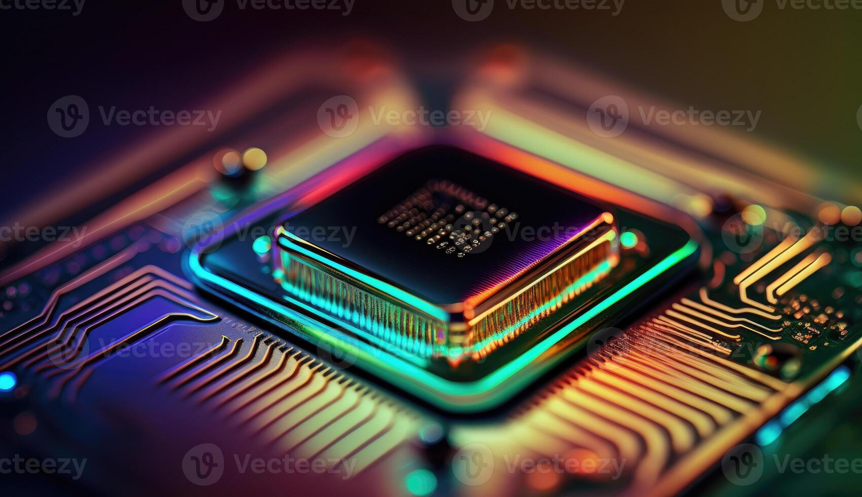 microchip, superficie Ingrandisci nel computer patata fritta tecnologia, neon leggero linee, esso, macro fotografia foto