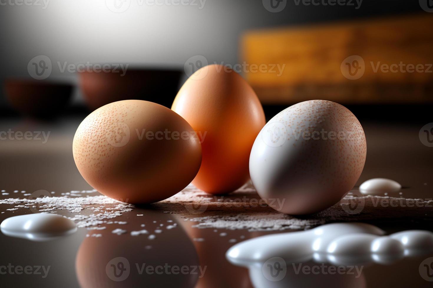 pollo uova, Marrone e bianca uova su un' tavolo. uova pronto per essere Usato con Farina e Grano nel ricetta su il tavolo. tipi di uova Usato nel torta preparazione e vario ricette. foto