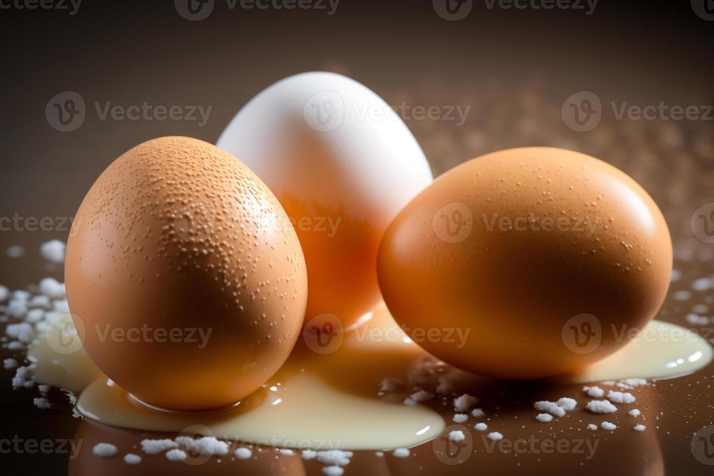 pollo uova, Marrone e bianca uova su un' tavolo. uova pronto per essere Usato con Farina e Grano nel ricetta su il tavolo. tipi di uova Usato nel torta preparazione e vario ricette. foto