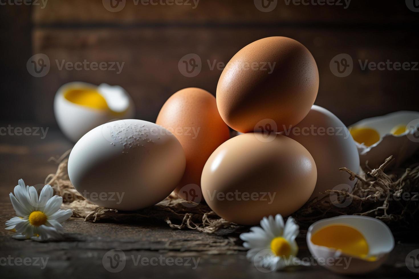 pollo uova, Marrone e bianca uova su un' tavolo. uova pronto per essere Usato con Farina e Grano nel ricetta su il tavolo. tipi di uova Usato nel torta preparazione e vario ricette. foto