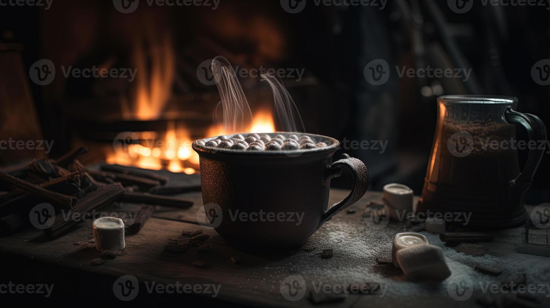 caldo cioccolato con marshmallows nel davanti di un' camino nel inverno foto