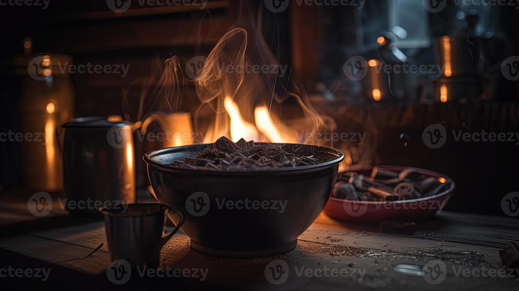 caldo cioccolato con marshmallows nel davanti di un' camino nel inverno foto