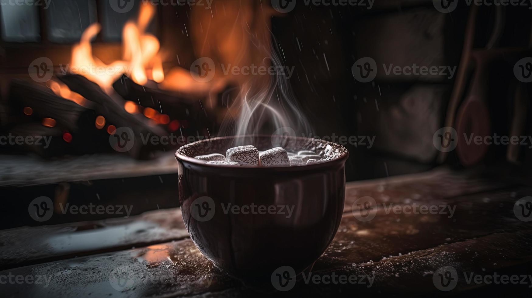 caldo cioccolato con marshmallows nel davanti di un' camino nel inverno foto