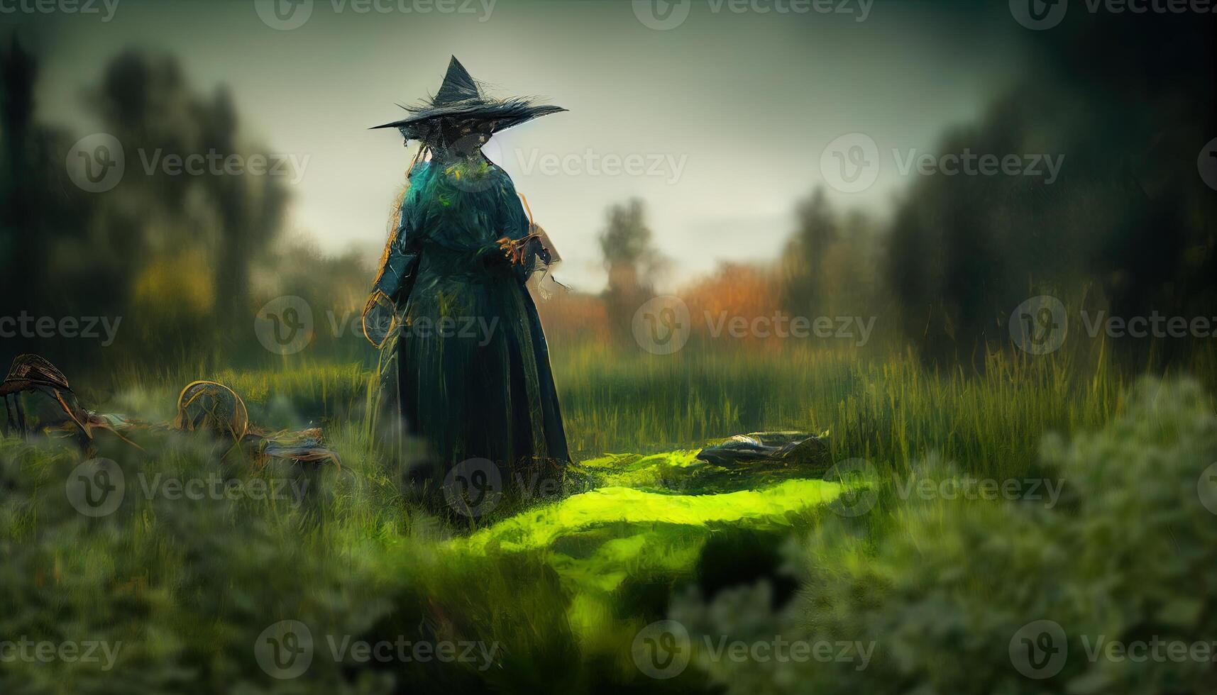 illustrazione di un' vecchio strega nel il verde brughiera foto