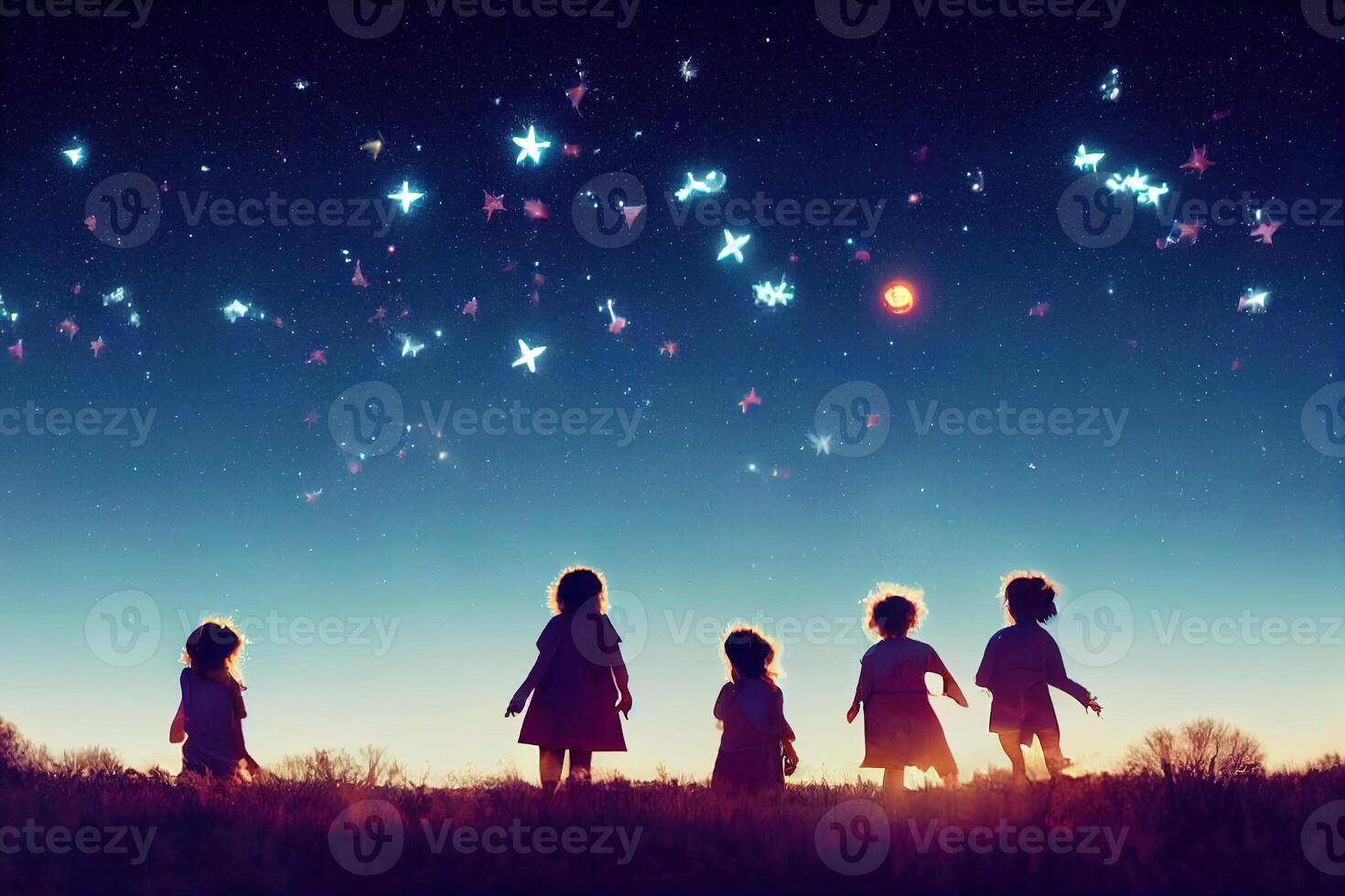 illustrazione di piccolo carino bambini raccolta stelle a partire dal notte cielo foto