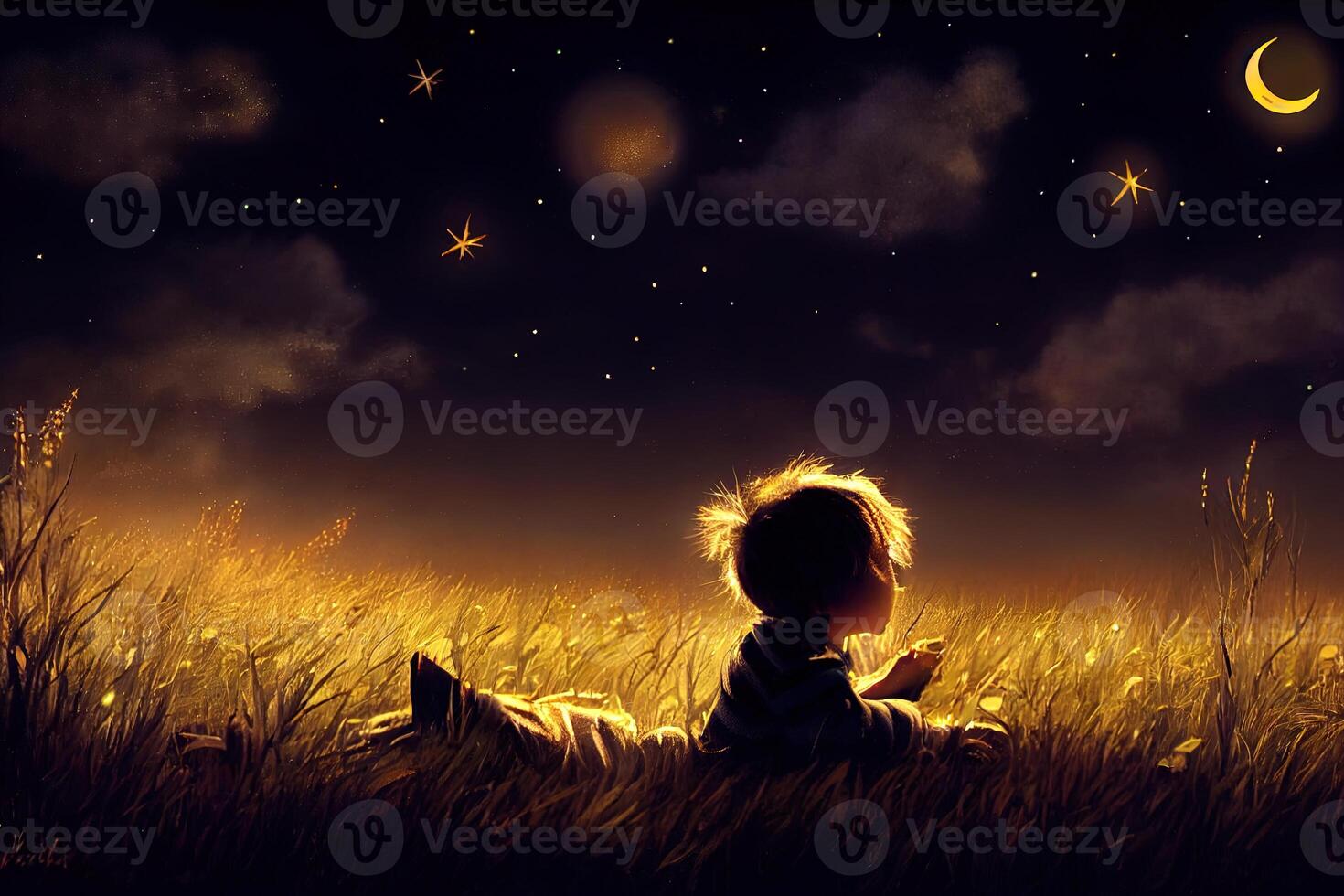 illustrazione ragazzo nel un' campo a notte e Guardando il stelle nel il cielo foto