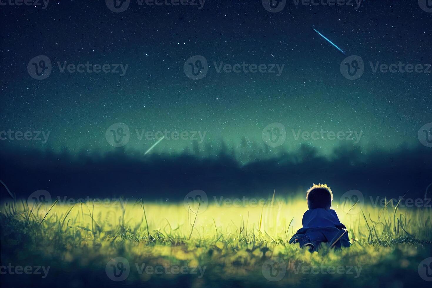 illustrazione ragazzo nel un' campo a notte e Guardando il stelle nel il cielo foto