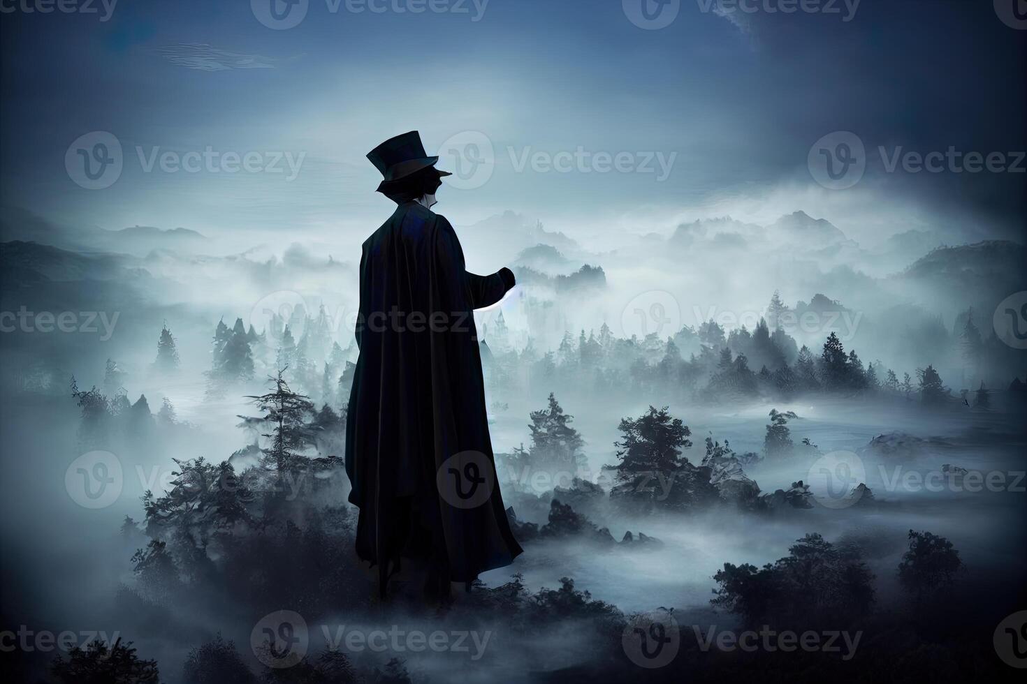 illustrazione di un' mago con buio blu mantello fra nebbia nuvole foto