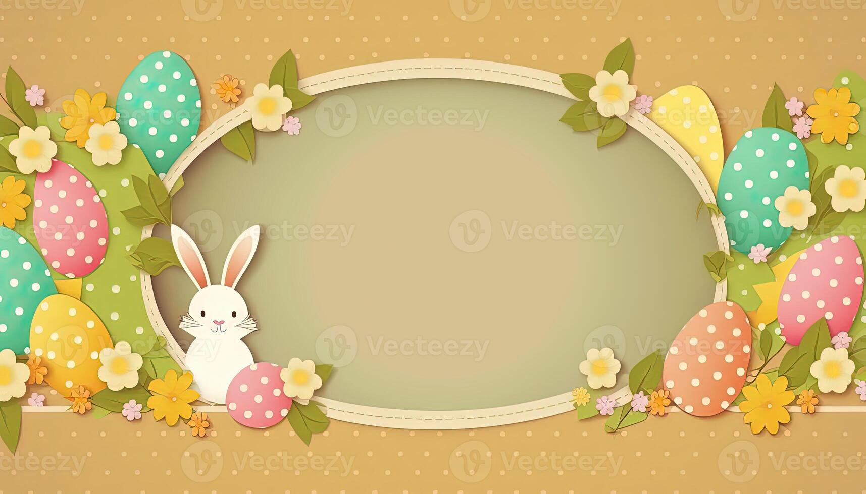 contento Pasqua saluto carta nel piatto stile con uovo e minimalista piatto colore fiori. vuoto spazio per il tuo saluto testo. generativo ai. foto