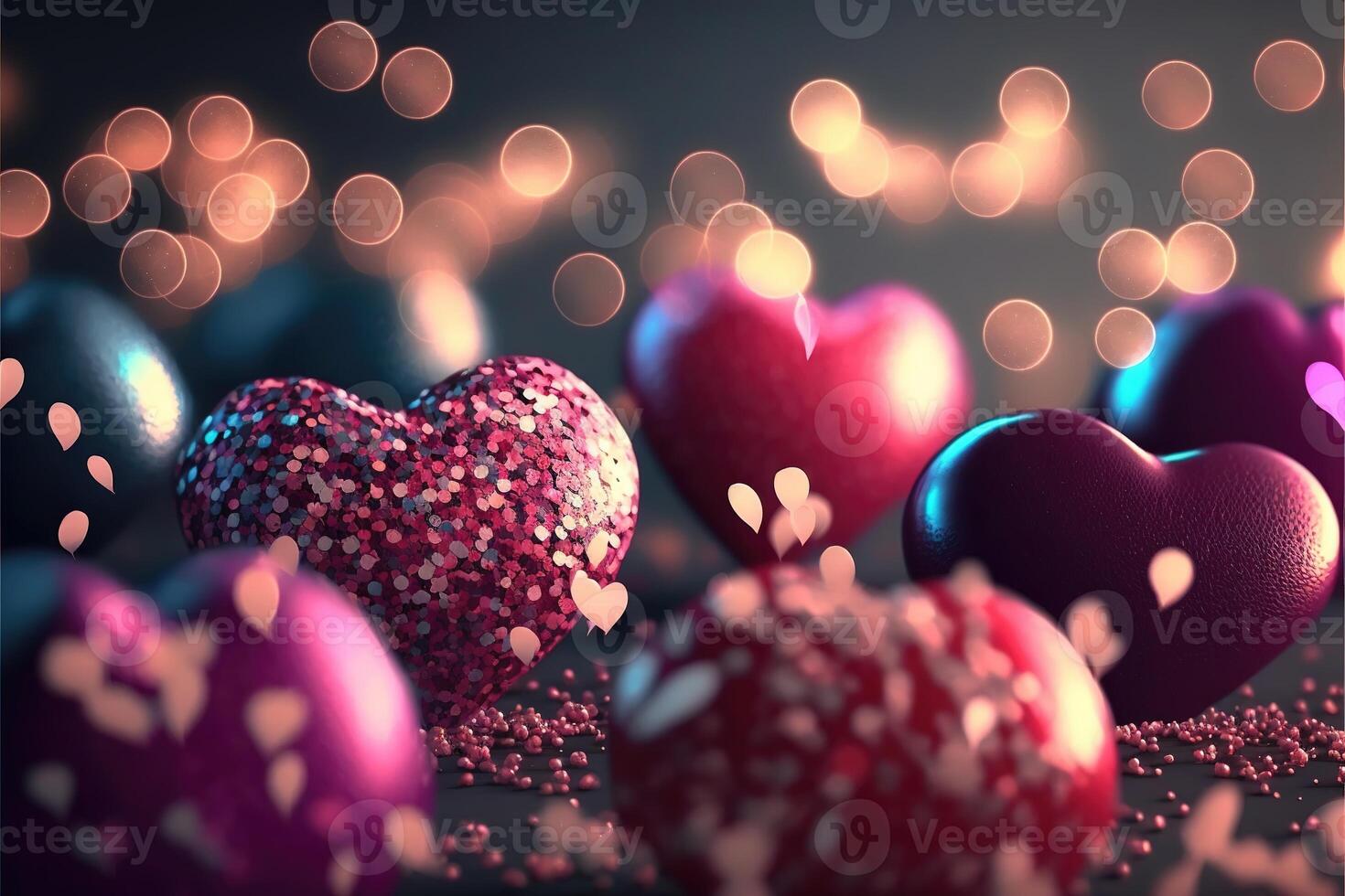 luminosa festivo sfondo con gonfiabile cuori, paillettes e bokeh leggero effetto. carta sfondo per San Valentino giorno, contento compleanno e così Su. generativo ai foto