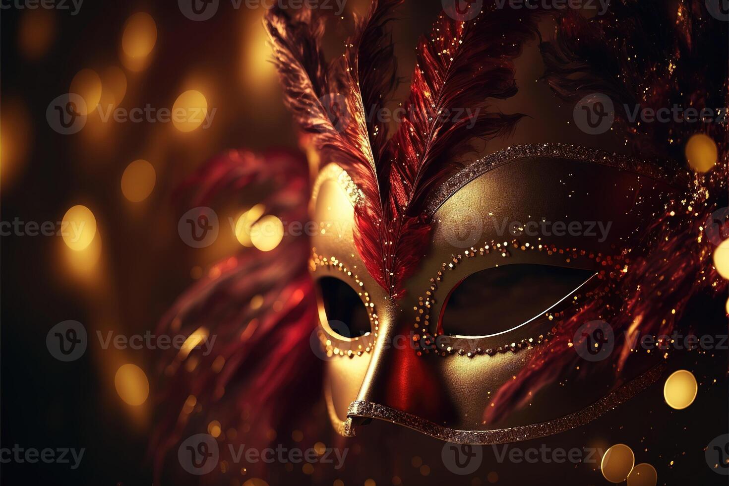 realistico lusso carnevale maschera rosso festivo sfondo.. astratto sfocato sfondo, oro polvere, e leggero effetti. generativo ai foto