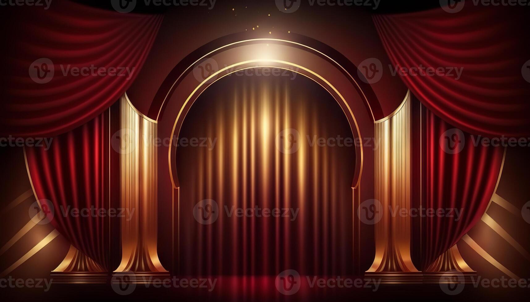 rosso marrone d'oro tenda palcoscenico premio sfondo. trofeo su rosso tappeto lusso sfondo. generativo ai foto