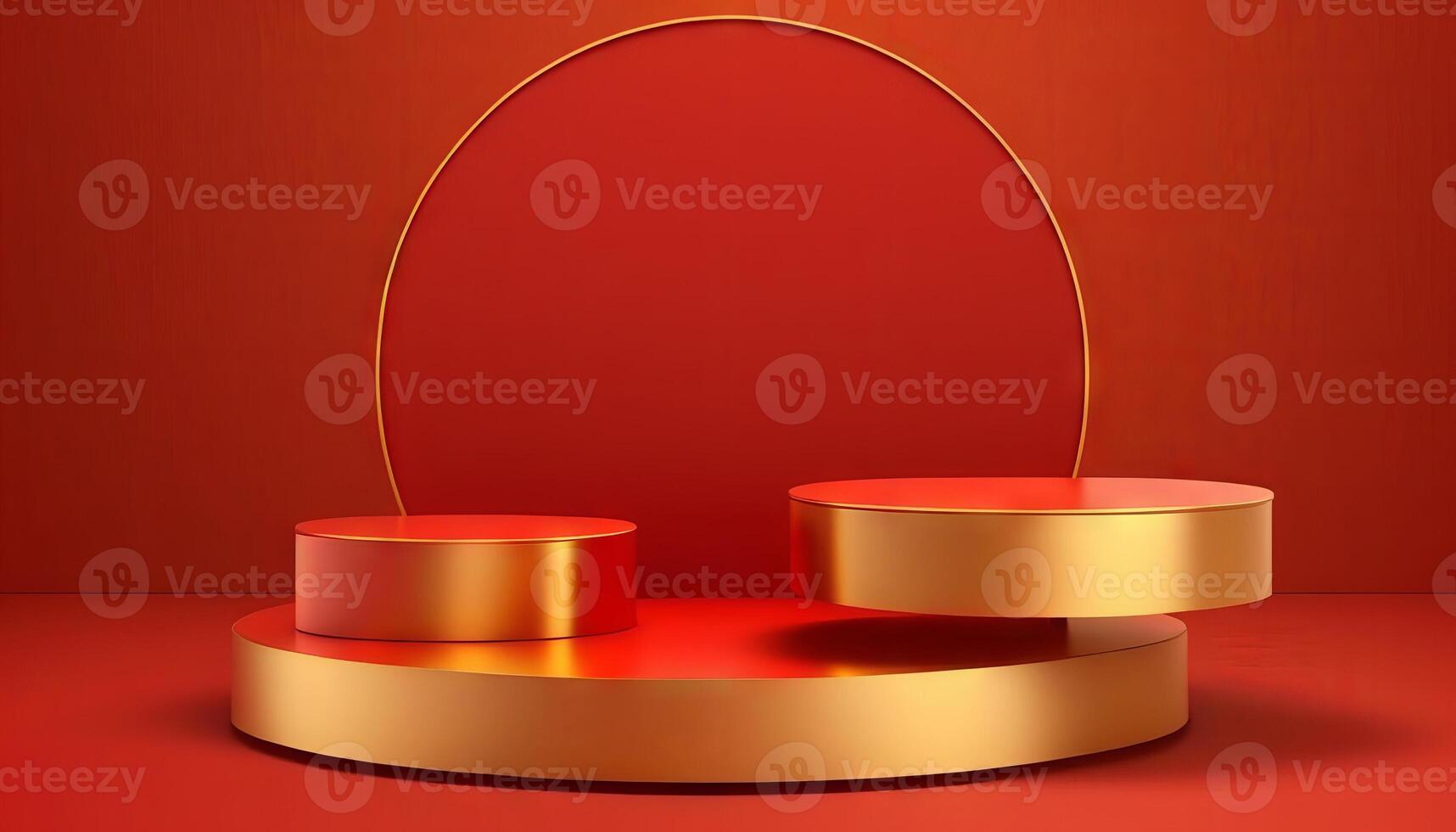 lusso oro podio 3d palcoscenico su rosso sfondo con d'oro il giro presentazione Prodotto Schermo In piedi. generativo ai foto