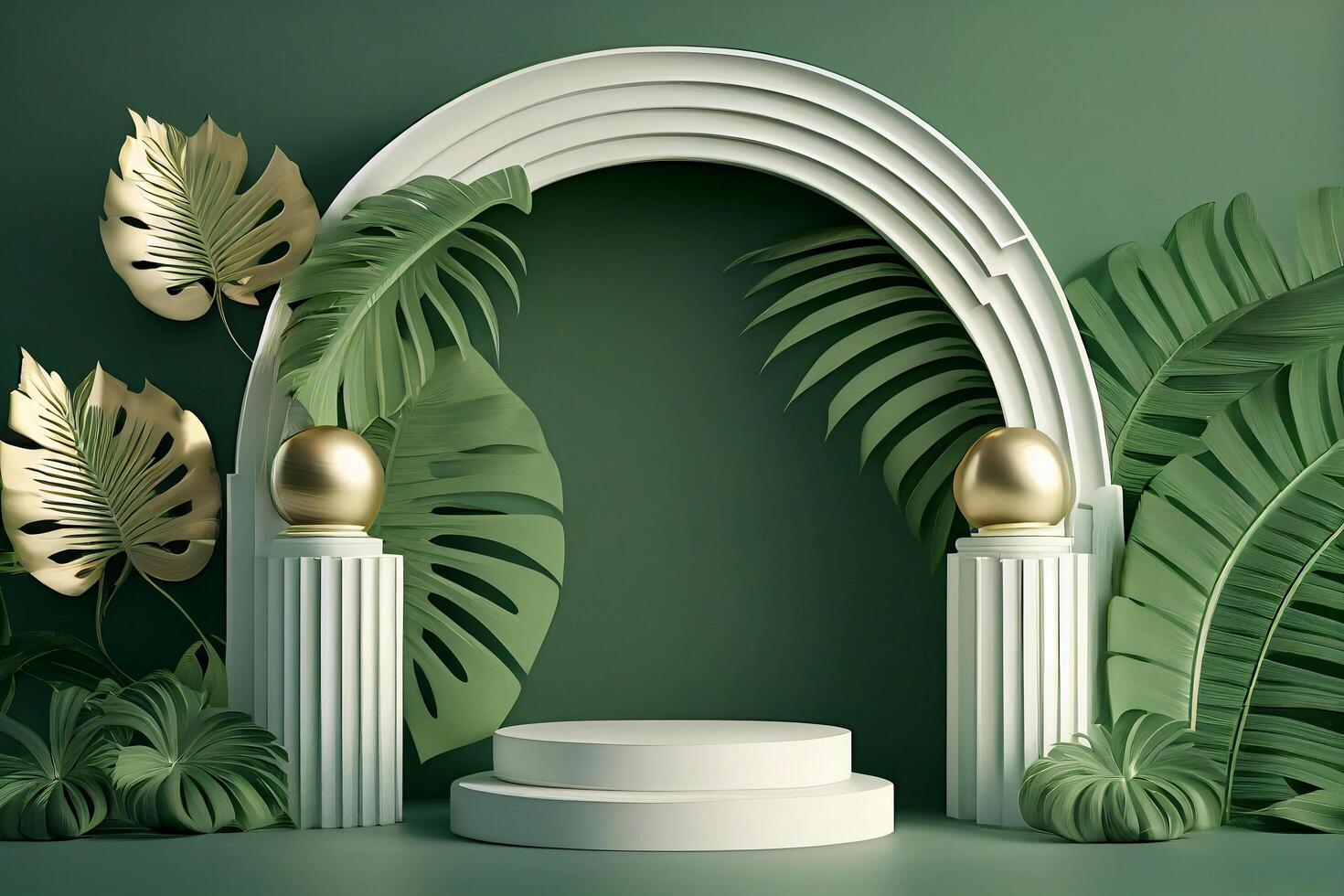 bianca Prodotto podio con verde tropicale palma le foglie generativo ai foto