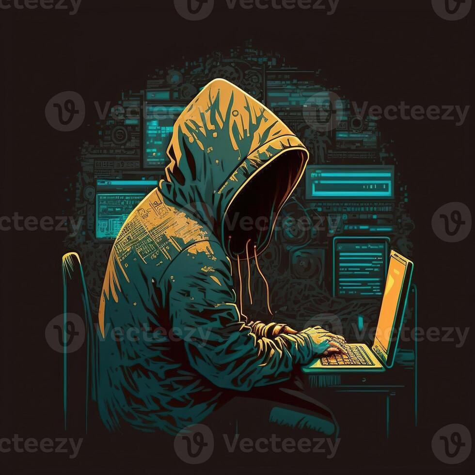 incappucciato pirata con il computer portatile a opera. simbolo di il darknet e illegale attività su il Internet. generativo ai foto