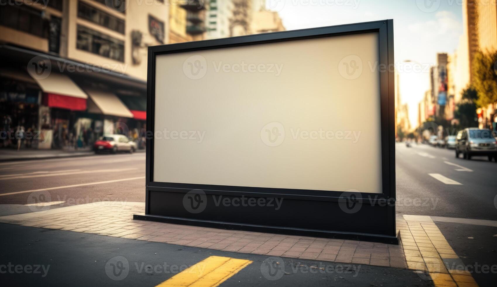 vuoto tabellone modello per pubblicità nel il città, tramonto Visualizza foto