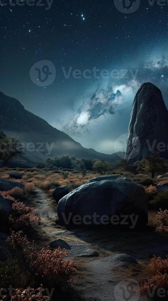 latteo modo e montagne a notte. bellissimo paesaggio con luminosa latteo modo arco, roccioso sentiero, stellato cielo a notte nel Nepal. pista nel montagna valle, cielo con stelle. generativo ai foto