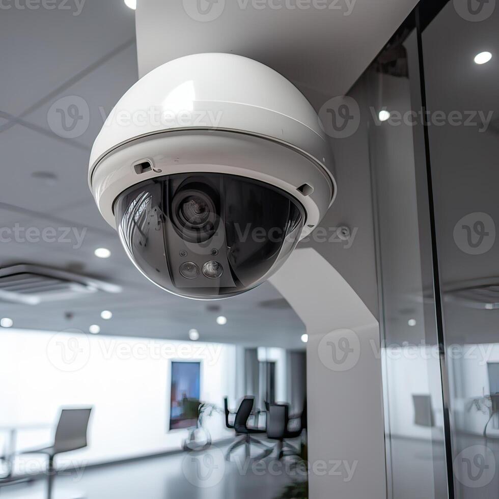 sicurezza, cctv macchine fotografiche nel il ufficio costruzione, e casa sicurezza sistema concetto con sfocatura sfondo. all'aperto cctv sicurezza telecamera installato su il edificio parete nel il città. generativo ai foto