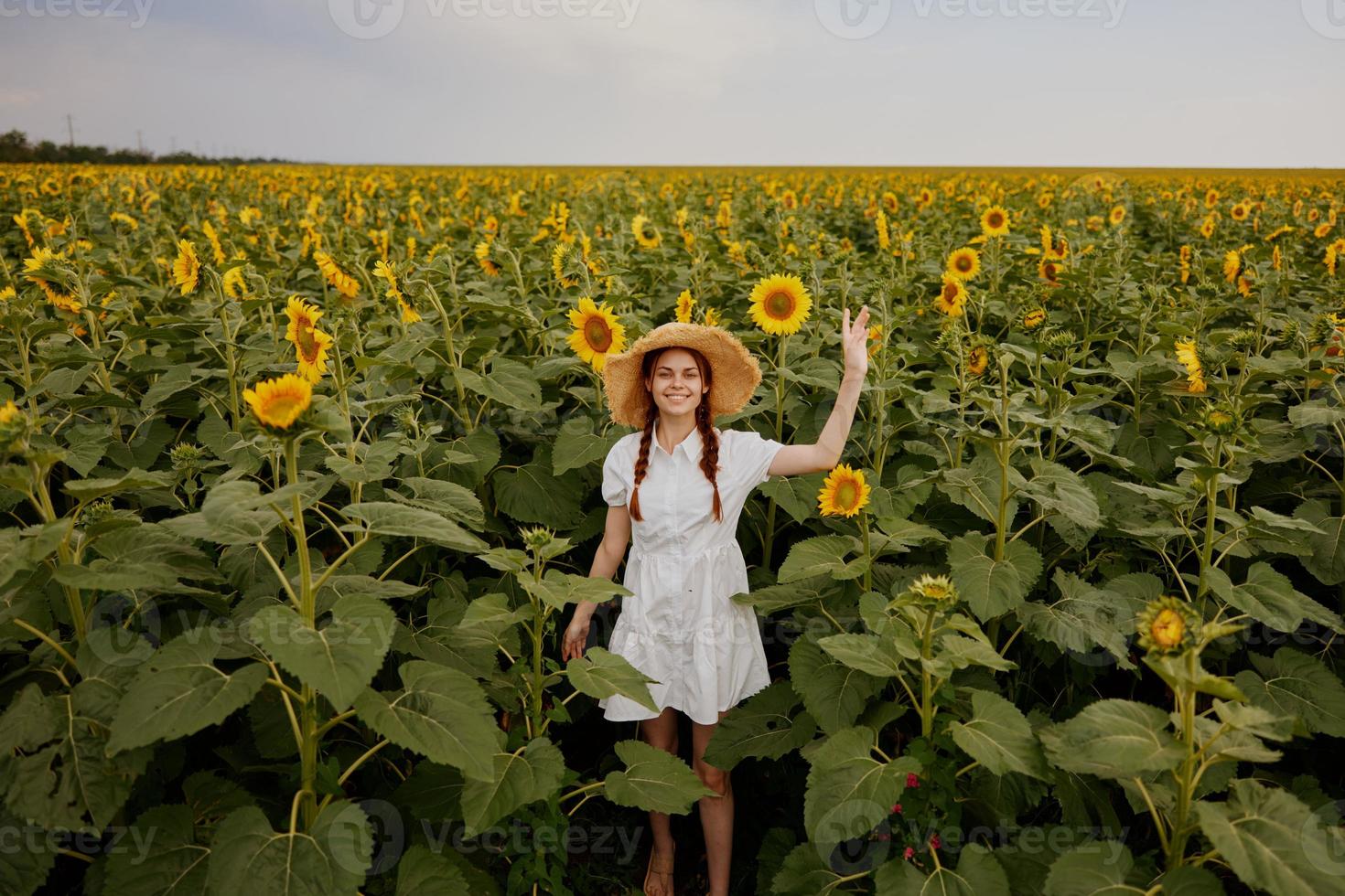 donna ritratto nel un' bianca vestito a piedi su un' campo di girasoli paesaggio foto