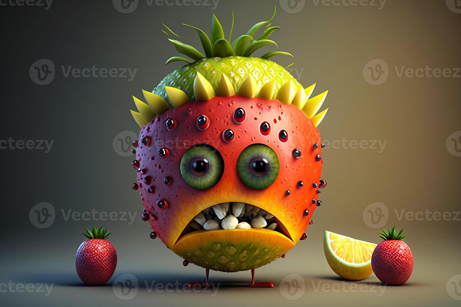 astratto frutta personaggio arancia frutta con un' fragola cappello su il suo testa illustrazione generativo ai foto