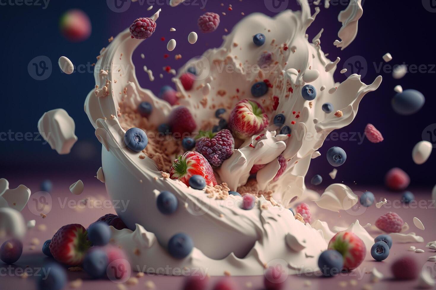 dolce latte Yogurt con frutta frutti di bosco volo illustrazione generativo ai foto