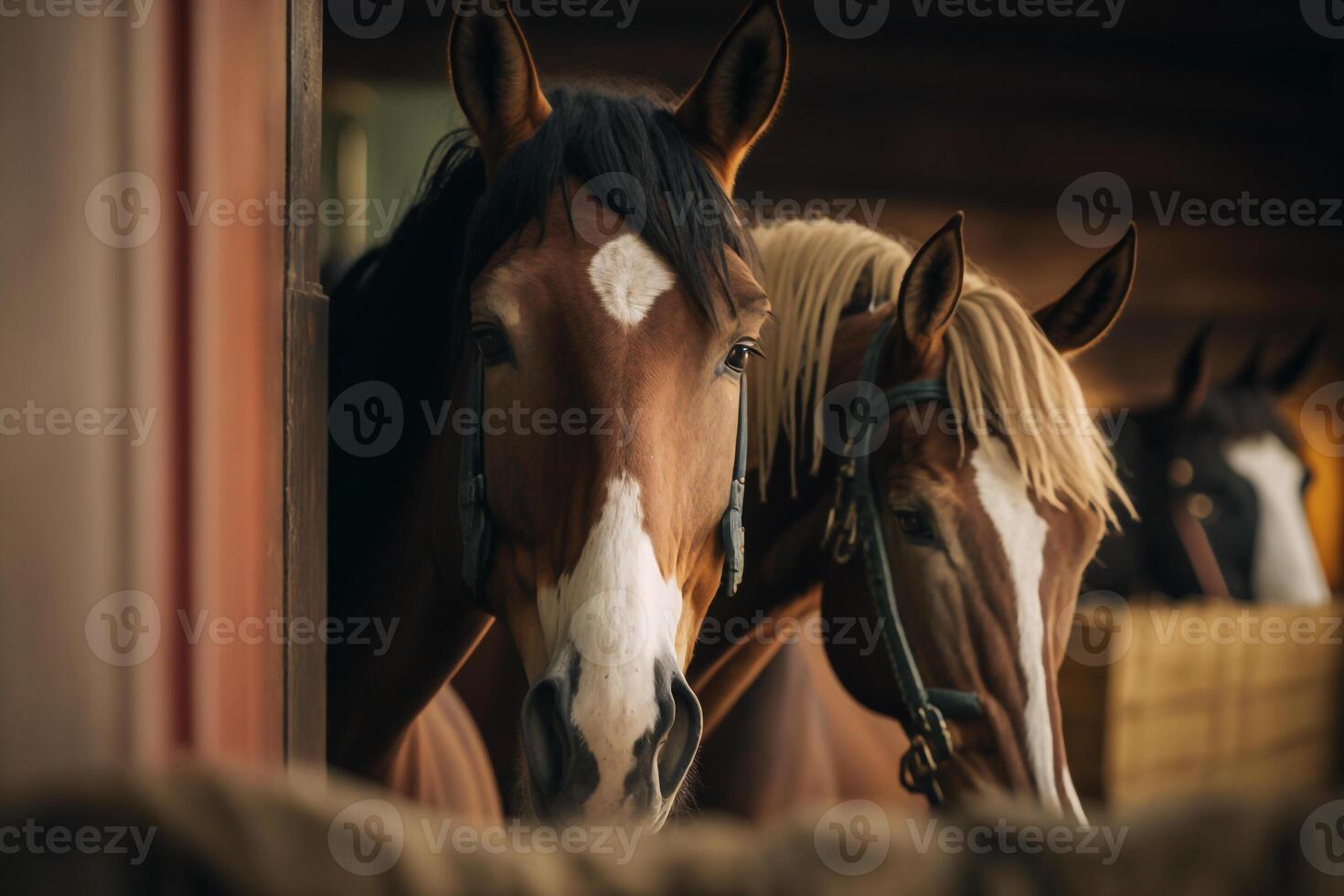 Due cavalli nel un' stabile nel un' stalla illustrazione generativo ai foto